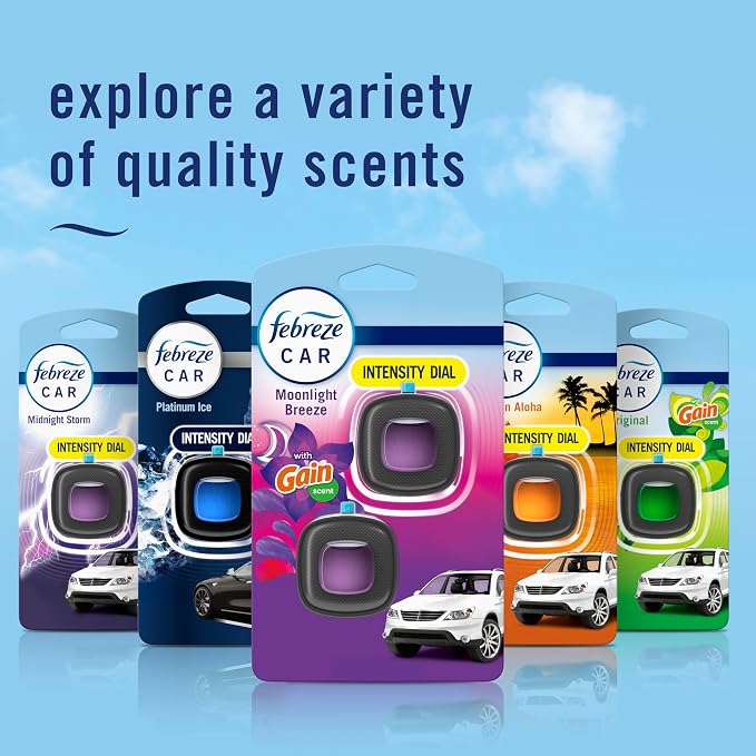 Car Air Freshener Vent Clip Gain Moonlight Breeze Scent,.07 oz. Car Vent Clip, Pack of 3 and Stay-Fresh Storage Case