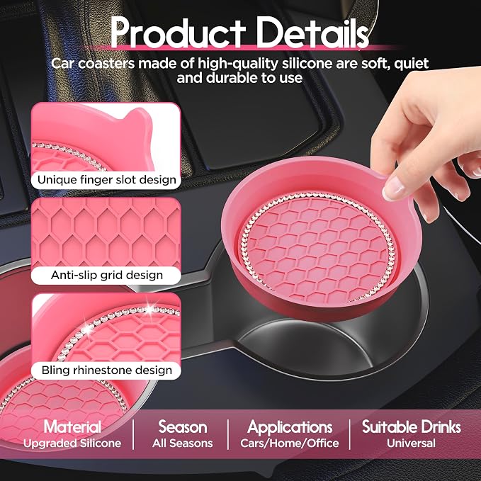 Car Cup Coaster Universal Non-Slip Cup Holders Bling Crystal Rhinestone Car Interior Accessories 4 Pack Peach Pink