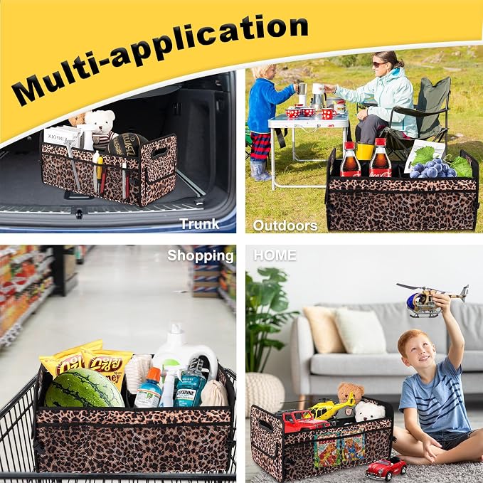 Car Trunk Organizer, Car Organizers and Storage Collapsible Multi Compartment Container Box, Adjustable Car Accessories for SUV Sedan Truck, Standard Size, Leopard print