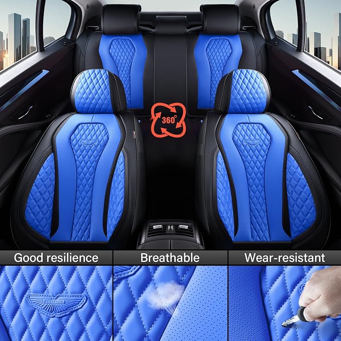Coverado Car Seat Covers, Leather Seat Covers Full Set, Blue Seat Covers, Car Seat Cushion, Driver Car Seat Covers, Waterproof Car Seat Protector Fit for Most Cars