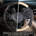 Car Steering Wheel Cover for Medium Standard Size Steering Wheels with 14 1/2-15 inches Outer Diameter, Black and Beige Microfiber Leather