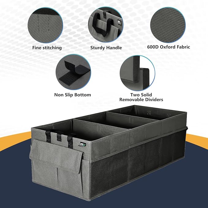 Trunk Organizer for Car, 12 Pockets Sturdy Car Organizer for SUV, Non-Slip Bottom, Folded Trunk Storage Organizer for Sedans, Van, Jeep, Grocery, Large 3 Compartments, Dark Gray 32"×13"×10"