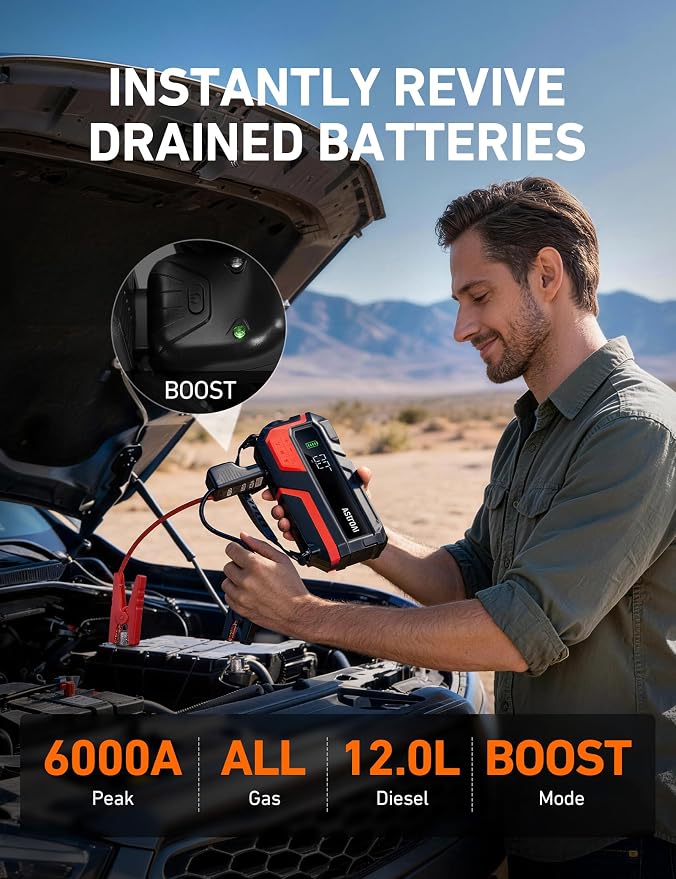 M10 6000A 150PSI Car Jump Starter with Air Compressor - 12V Portable Battery Booster (All Gas/12.0L Diesel), Smart Tire Inflator, Heavy-Duty Jumper Cables, Power Bank, LED Light, Storage Case