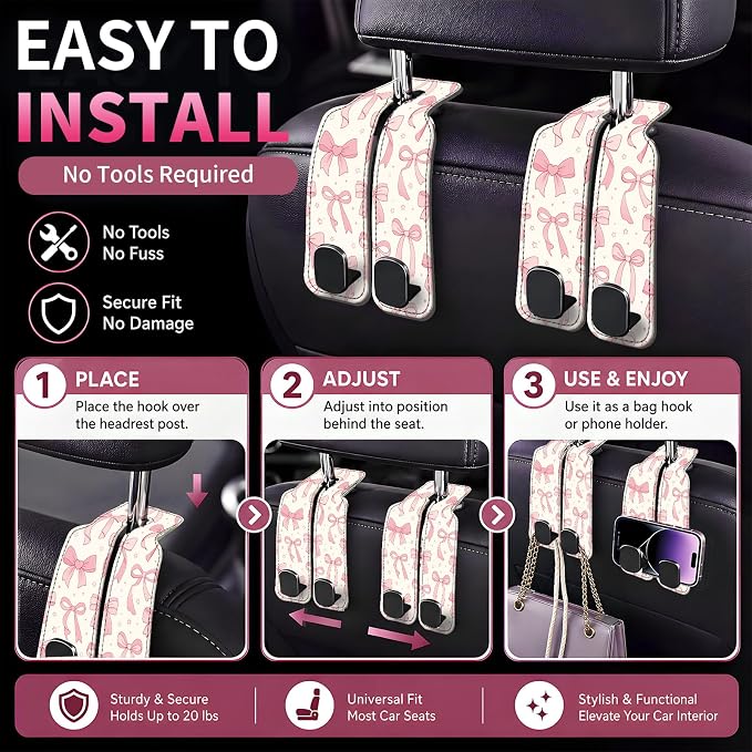 Car Seat Back Storage Hook, Funny Car Purse Hook, Cute Vehicle Storage Organizer for Purses Handbags Pink Star Bowtie
