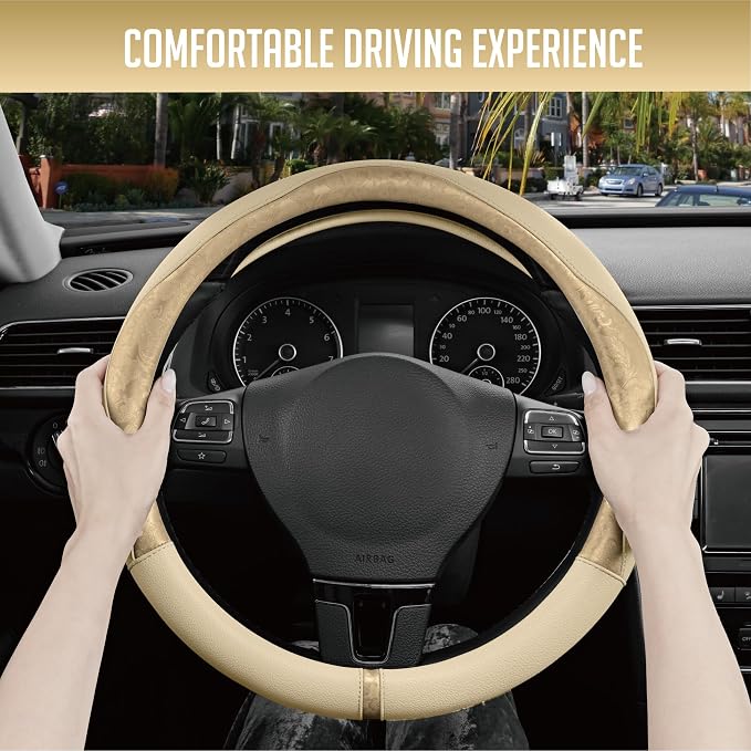 Steering Wheel Cover, Gold Patterned Leather Patchwork Design, Universal Fit 14.5"–15.5", Anti-Slip, Odor-Free, Soft PU Grain Leather, Durable Grip Car Accessory for Girls & Women