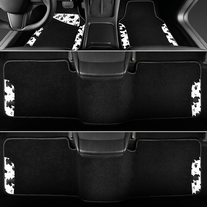 Waterproof Universal 3 Row Car Floor Mats, Cow Print Car Mats Fit for SUV,Vans,sedans, Trucks,Set of 3 Row Vehicles Car Carpet with Heel Pad and Nibs Backing, Cute Women Girly (Black White)