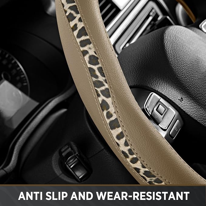 Steering Wheel Cover - Flat Bottom Wheel Cover Made with PVC Leather and Leopard Fabric - Universal Fit for 15-Inch D-Shaped Automotive Steering Wheels (Beige Color)