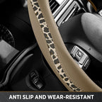 Steering Wheel Cover - Flat Bottom Wheel Cover Made with PVC Leather and Leopard Fabric - Universal Fit for 15-Inch D-Shaped Automotive Steering Wheels (Beige Color)