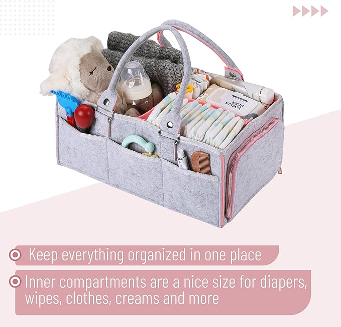 Mr. Pen- Baby Diaper Caddy Organizer, Gray, Pink Inside | Nursery Storage Bin and Car Organizer for Diapers and Baby Wipes