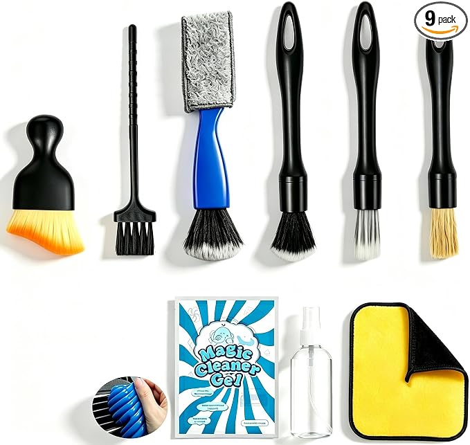 9 Pcs Car Detailing Brushes Kit, Car Interior Cleaning Supplies with Cleaning Gel | car detailing brushes, cleaning gel & microfiber cleaning cloth, Safe for leather, vents, dash. Ideal for truck, auto, RV