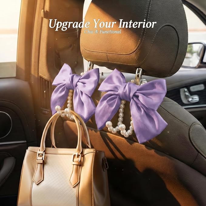 2PCS Satin Bow Pearl Car Seat Headrest Hooks – Car Bag Holder & Vehicle Hanger for Purses – Cute Coquette Aesthetic Interior Decoration – Cute Auto Organizer Accessories Universal (Lavender Purple)