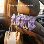 2PCS Satin Bow Pearl Car Seat Headrest Hooks – Car Bag Holder & Vehicle Hanger for Purses – Cute Coquette Aesthetic Interior Decoration – Cute Auto Organizer Accessories Universal (Lavender Purple)