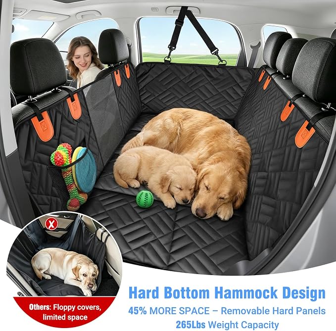 Megadream Dog Car Seat Cover Hard Bottom Back Seat Extender for Dogs 260LBS | Waterproof Scratch Resistant Rear Seat Pet Hammock with Mesh Window, Universal Fit for Sedan SUV Pickup Truck