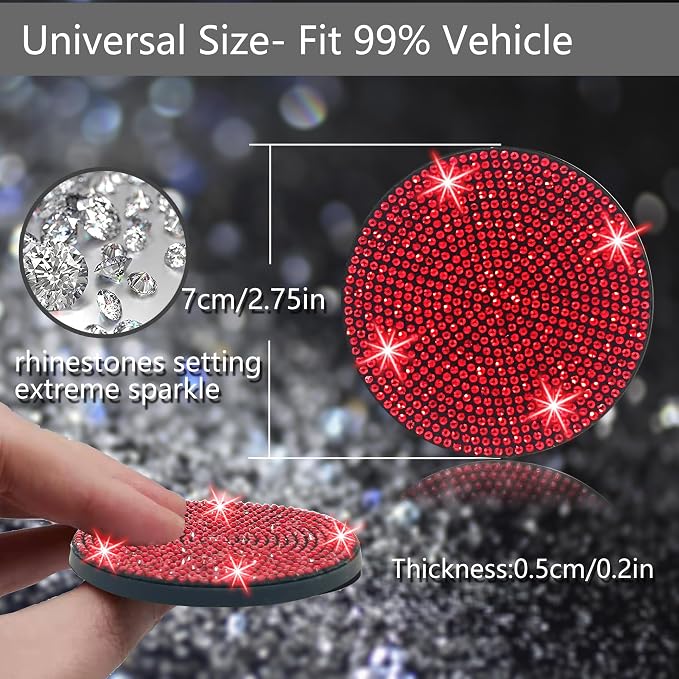 4pcs Bling Car Cup Holder Coaster, 2.75 inch Anti-Slip Shockproof Universal Fashion Car Coasters Insert Bling Crystal Rhinestone Automotive Interior Accessories for Women (4 pcs, Red)