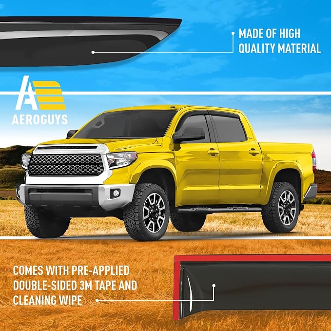 Extra Durable Window Deflectors Tape-On Window Visors Rain Guards Fit for Toyota Tundra 2007-2021 CrewMax, Sun Visors, Wind Vent for Shades, Exterior Car Accessories - 4 pcs. AG0914