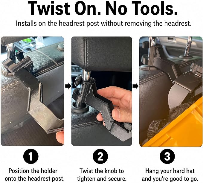 Hard Hat Holder for Truck Seat, Headrest Hook Hanger for Hardhat and Safety Vest Storage, No-Tool Twist-On PPE Organizer for Construction, Utility, Linemen, Miners, Black