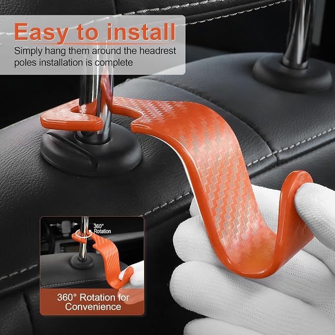 Car Purse Hook, 4 Pack Universal Auto Seat Headrest Hook Hangers Organizer for Coats, Umbrellas, Groceries - Carbon Fiber Orange