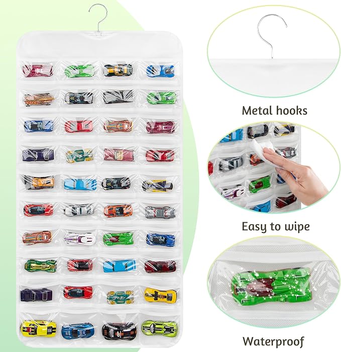 Hanging Organizers for Mini Car Double Sided 80 Pockets Display Case for Toy Cars(Without Toy Cars) (One Piece White)