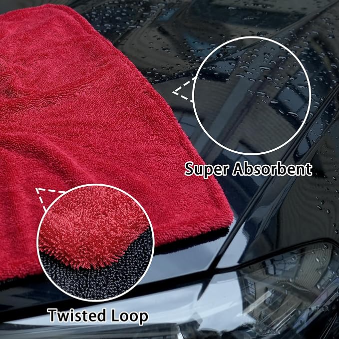 1000GSM Car Drying Towel 18"x24", Edgeless Double Twist Pile, Ultra Absorbent Microfiber Towel, Scratch-Free Lint-Free Streak-Free for Auto Detailing & Car Wash – Red&Grey