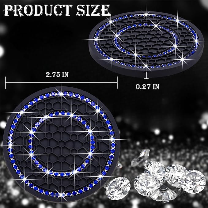 4PCS Bling Crystal Rhinestone Cup Holder Coaster, 2.75 inch Soft Silicone Anti-Slip Shockproof, Car Cup Holder Insert Coasters, Universal Car Interior Accessories for Women (Black & Blue)