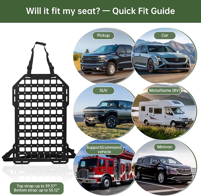 Tactical Car Seat Back MOLLE Panel with Sun Visor Organizer, Rigid ABS Engineering Plastic MOLLE Panel for Truck & SUV, Includes 1 Utility Pouch, Tactical Back Seat Car Organizer | Visor and seat back panels for organized front and rear storage of tool...