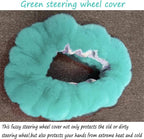 Fluffy Steering Wheel Cover for Women Fuzzy Steering Wheel Cover Winter Warm Faux Wool Plush Car Wheel Cover Furry Steering Wheel Protector Universal Fit 15 Inch (Green)
