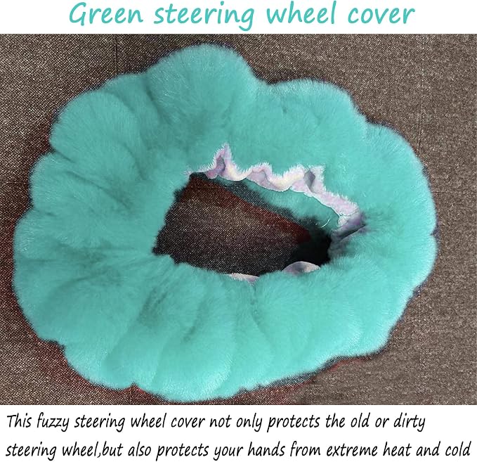 Fluffy Steering Wheel Cover for Women Fuzzy Steering Wheel Cover Winter Warm Faux Wool Plush Car Wheel Cover Furry Steering Wheel Protector Universal Fit 15 Inch (Green)