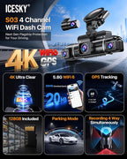 S03 4K Dash Cam Front Rear Inside Left Right with GPS, Free 128GB SD Card, 5.8GHz WiFi 6 (Up to 20MB/s Download), 4 Channel 360° Dash Camera for Cars, G-Sensor 8 IR Light, Parking Mode, Black