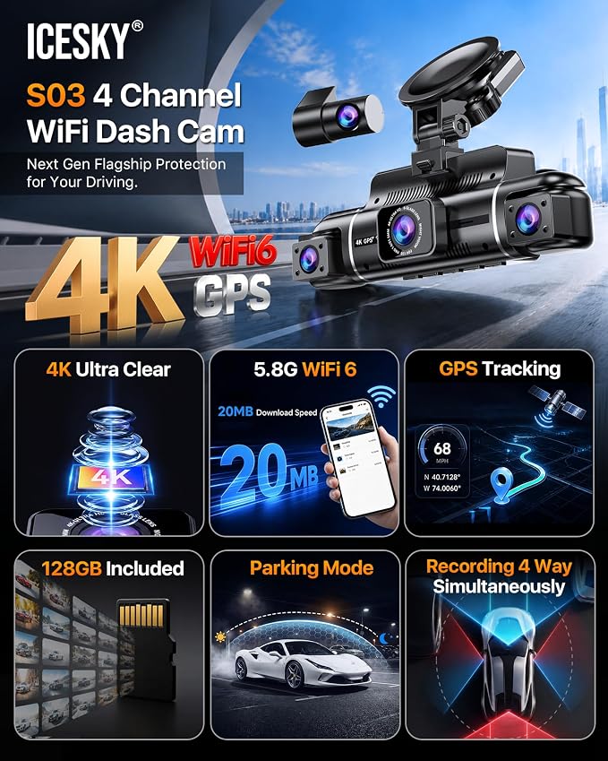 S03 4K Dash Cam Front Rear Inside Left Right with GPS, Free 128GB SD Card, 5.8GHz WiFi 6 (Up to 20MB/s Download), 4 Channel 360° Dash Camera for Cars, G-Sensor 8 IR Light, Parking Mode, Black