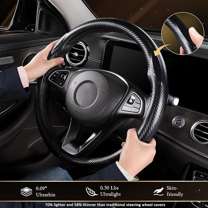 Car Steering Wheel Cover Carbon Fiber, Ultra-Thin Car Steering Wheel Cover,Comfortable & Breathable Microfiber,Universal Fit for Most Cars