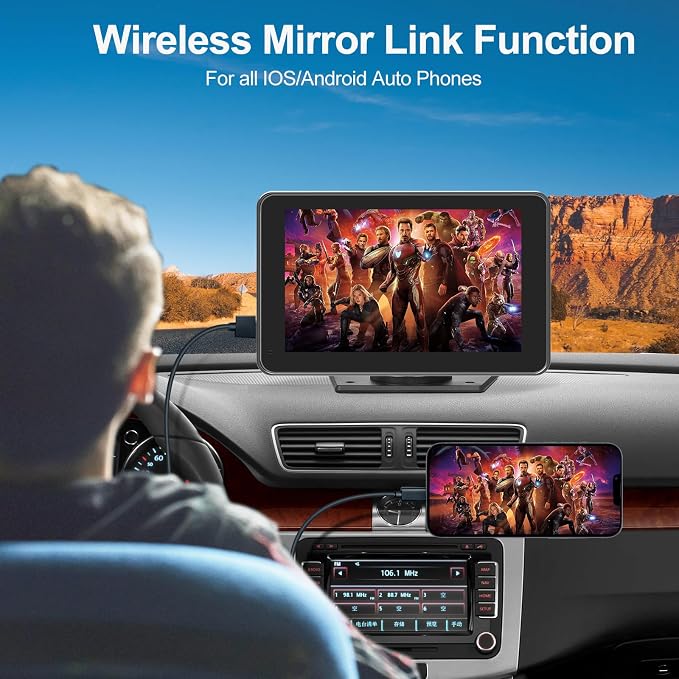 Wireless Apple CarPlay Screen with Fast Auto Connect, 7" Portable Android Auto Display for Car, Backup Camera, Bluetooth Audio, Voice Assistant & GPS Navigation