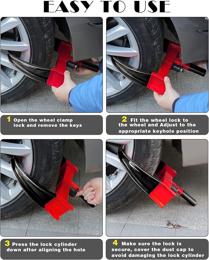 Universal Wheel Lock Heavy Duty Security Trailer Wheel Lock Anti Theft Wheel Locks for Cars SUV Camper Motorcycle Trailer Great Deterrent Bright Color with 3 Keys (Black-red)