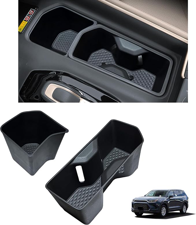 2PCS Center Console Cup Holder Inserts for 2024 2025 2026 Toyota Grand Highlander Accessories TPE Cup Holder Protector Drink Holder Coaster Liner for Grand Highlander Interior Black