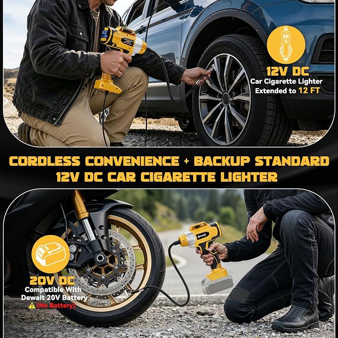 160PSI Cordless Tire Inflator Compatible with Dewalt 20V Battery, DC 12V Portable Air Compressor with Digital Pressure Gauge, 2X Faster Air Pump for Car, SUVs, Motor, Bike, Ball (Tool Only)