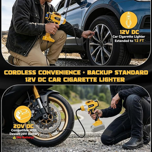 160PSI Cordless Tire Inflator Compatible with Dewalt 20V Battery, DC 12V Portable Air Compressor with Digital Pressure Gauge, 2X Faster Air Pump for Car, SUVs, Motor, Bike, Ball (Tool Only)