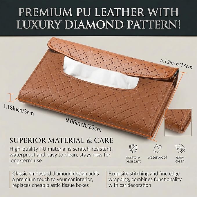 Car Tissue Holder, Car Napkin Holder, PU Leather Auto Visor Tissue Box, Auto Interior Accessories Sun Visor Paper Towel Cover Case Backseat Napkin Organizer for Sedan Truck SUV (Brown)