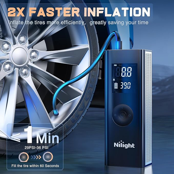 Tire Inflator Portable Air Compressor Battery Powered Rechargeable 12VDC 150PSI Cordless Tire Pump w/Digital Pressure Gauge 2X Faster Inflation Air Pump for Car Motorcycle