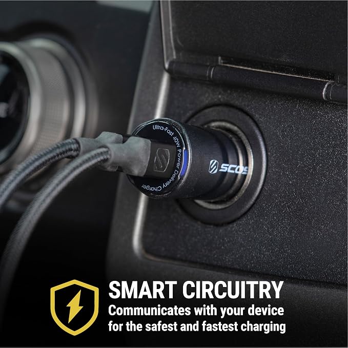 CPDCC40M PowerVolt 40W Certified Dual Port USB-C Car Charger, Flush Cigarette Lighter Adapter, Fast Charging Car Plug for 12V Power Outlet Compatible with iPhone, Galaxy and All USB-C Devices