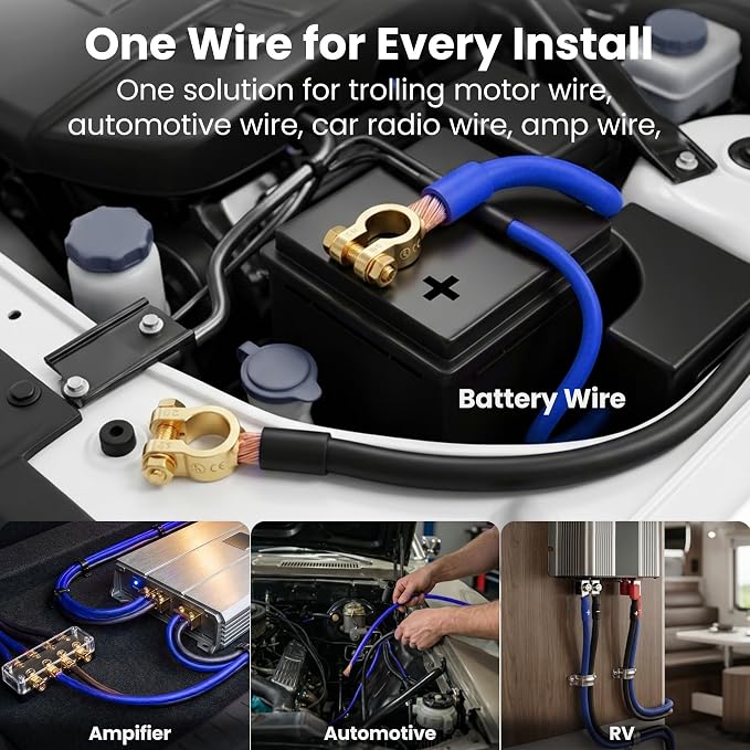 4 Gauge Wire 25 ft Blue, 4 AWG Battery Cable CCA, Copper-Clad Aluminum Power Ground Wire for Car Audio Amp, Automotive, RV