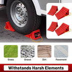 2 Pair Wheel Chocks for Travel Trailers, Non Slip Heavy Duty Red Wheel Chock with Rope, Lightweight Wheel Stoppers for Cars Campers Trucks RVs, Easy to Carry & Suitable for Most Tyre Sizes