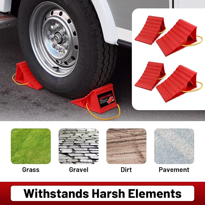 2 Pair Wheel Chocks for Travel Trailers, Non Slip Heavy Duty Red Wheel Chock with Rope, Lightweight Wheel Stoppers for Cars Campers Trucks RVs, Easy to Carry & Suitable for Most Tyre Sizes