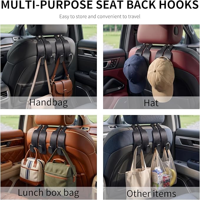 4 Pack Headrest Hooks for Car, Universal Leather Car Seat Back Hooks for Purses and Bags, Durable Car Purse Holder & Backseat Organizer Hanger for Handbags, Grocery Bags, Coats, Accessories, Black