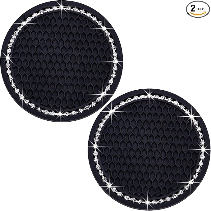 2PCS Bling Cup Holder Coaster, 2.75 Inch Auto Car Cup Holder Insert Coasters, Soft Silicone Anti-Slip Shockproof, Universal Vehicle Interior Accessories for Women Girls (Black & White)