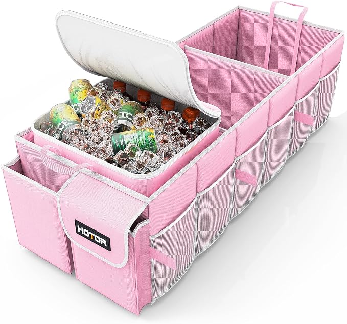 Trunk Organizer, Sturdy Foldable with Cooler for Car & SUV, 3 Compartments, Pink, 30.90”×12.60”×10.63”