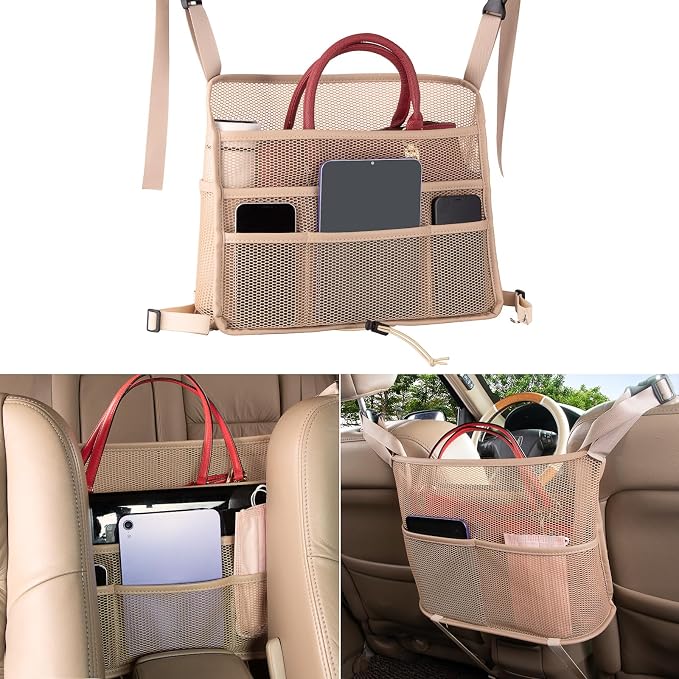 Car Net Pocket Handbag Holder Between Seats Back Storage Organizer 3 - Layers Purse Holder for Console Front Seat Storage Barrier, Beige