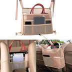 Car Net Pocket Handbag Holder Between Seats Back Storage Organizer 3 - Layers Purse Holder for Console Front Seat Storage Barrier, Beige