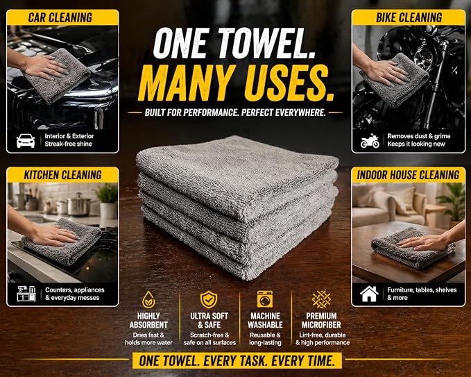 Premium Microfiber Towel for Cars 12 Pack, 400GSM, Quick-Dry, Scratch-Free, High and Low Pile Surface, Gray, Yellow, Blue,16 x 16 Inches, for Car Detailing and Household Use