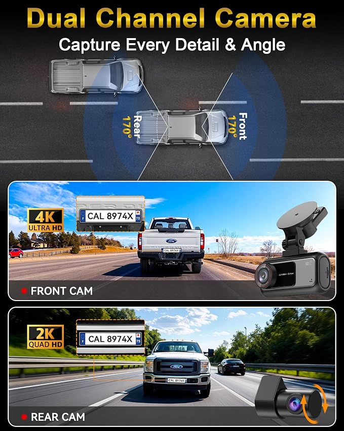 Truck Dash Cam Easy-Steup: Dual Camera 4K Front and 2K Rear with Night Vision GPS WiFi Clear Captures Pickup Trucks License Plates - 72H Parking Monitoring for Daily Commute