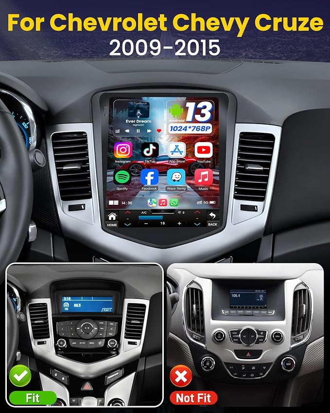 Upgrade Car Stereo for Chevrolet Chevy Cruze 2009-2015: Wireless Carplay Andriod Auto HD IPS Touchscreen Head Unit Radio Backup Camera GPS SWC 5G WiFi FM