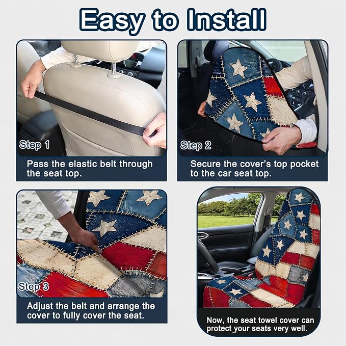 Car Seat Towel Cover for Front Seats, 1Pc Sweat Absorbent Car Seat Protector with Non-Slip Backing, Waterproof Towel Car Seat Covers for Runners, Gym, Swimming, Beach, Pets, Patchwork Flag